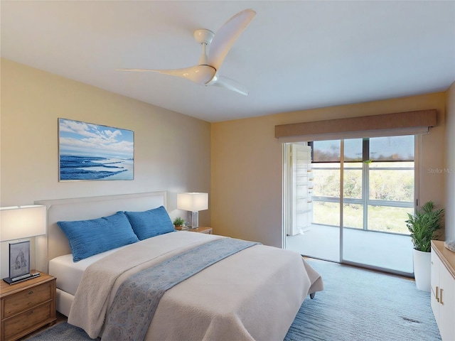 carpeted bedroom with access to exterior and ceiling fan