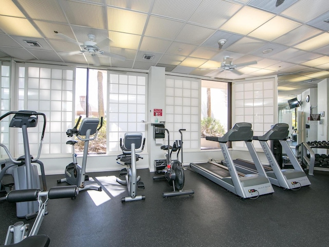 workout area with ceiling fan