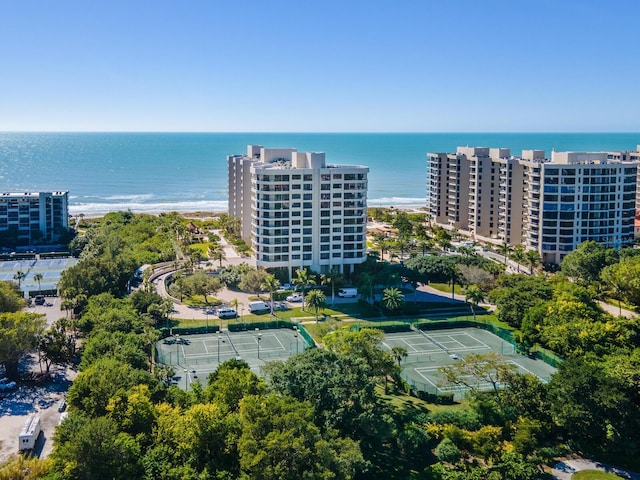 aerial view with a view of the beach and a water view