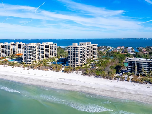 drone / aerial view with a water view and a view of the beach