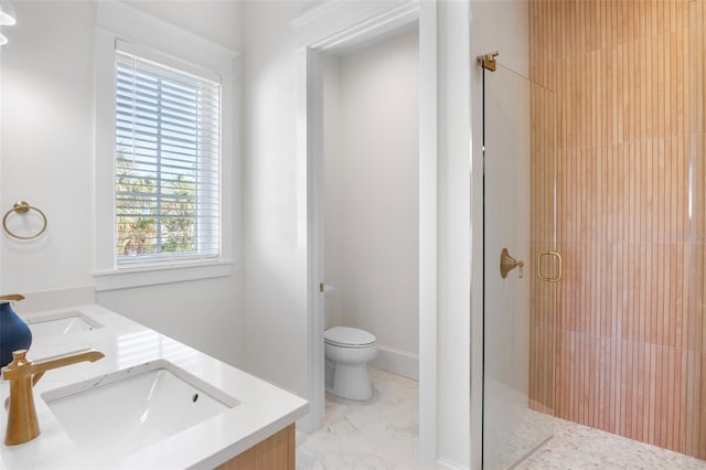 bathroom with vanity, a shower with shower door, and toilet