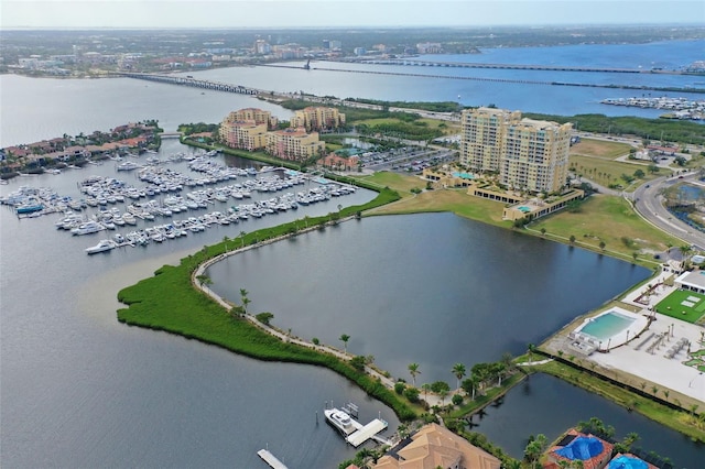 aerial view featuring a water view