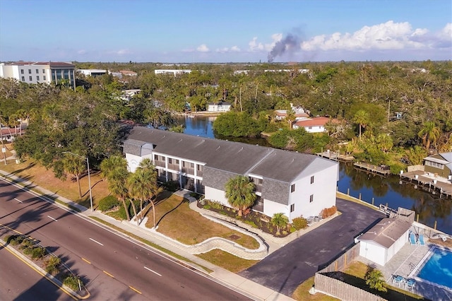 drone / aerial view with a water view