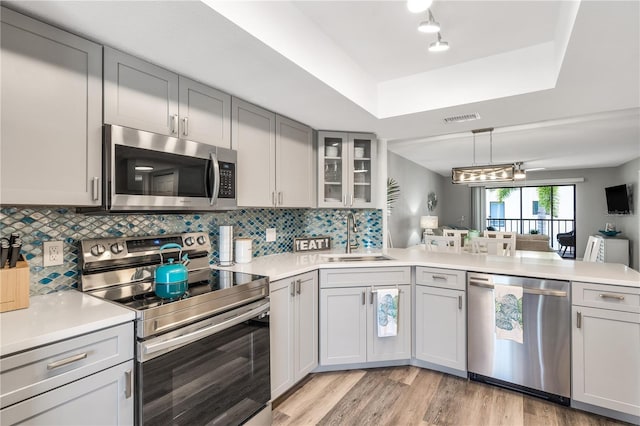 kitchen featuring pendant lighting, a raised ceiling, sink, light wood-type flooring, and stainless steel appliances