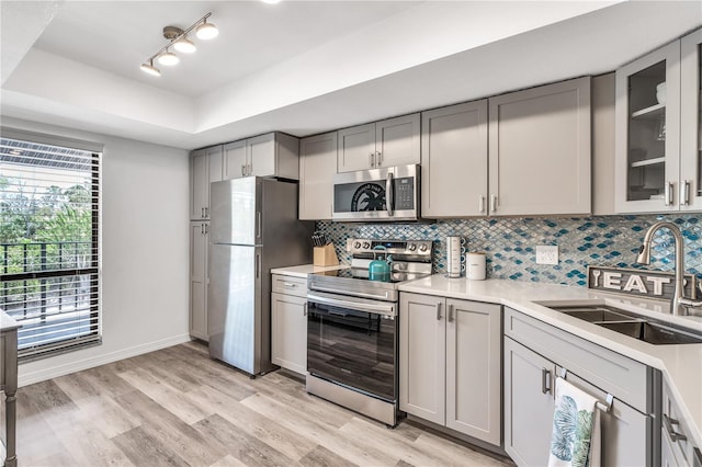 kitchen featuring gray cabinetry, sink, light wood-type flooring, a tray ceiling, and stainless steel appliances