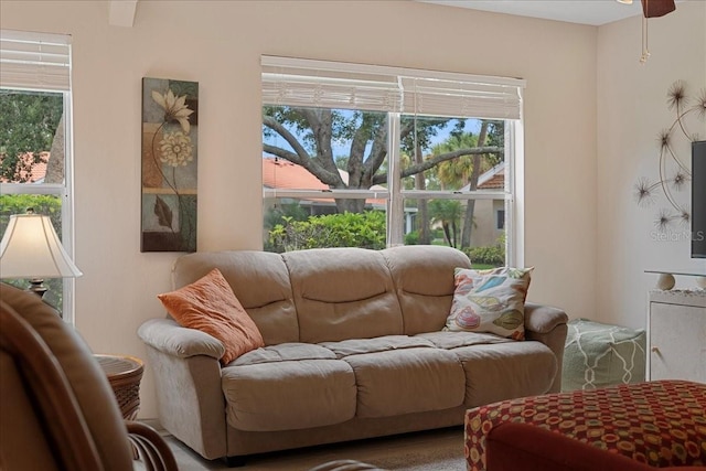 living room featuring ceiling fan and a healthy amount of sunlight