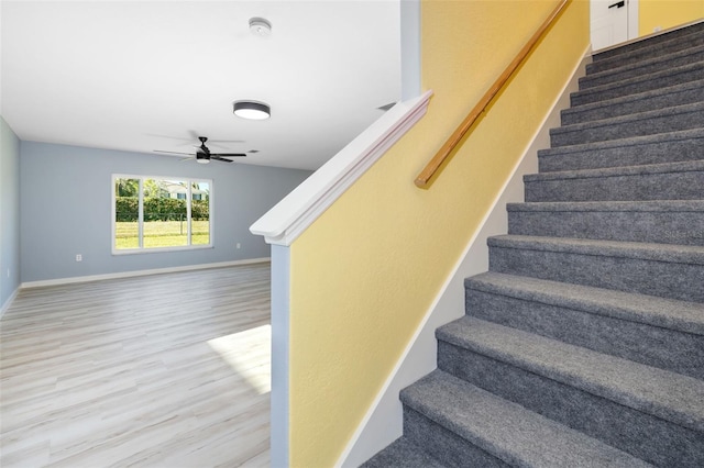 stairs featuring hardwood / wood-style flooring and ceiling fan