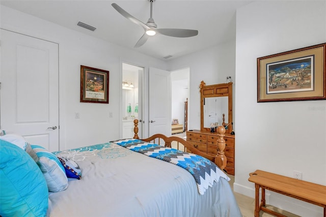 bedroom featuring ensuite bath and ceiling fan