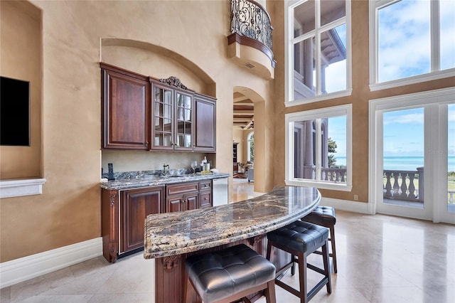 kitchen with dark stone counters, a kitchen bar, a healthy amount of sunlight, and a high ceiling