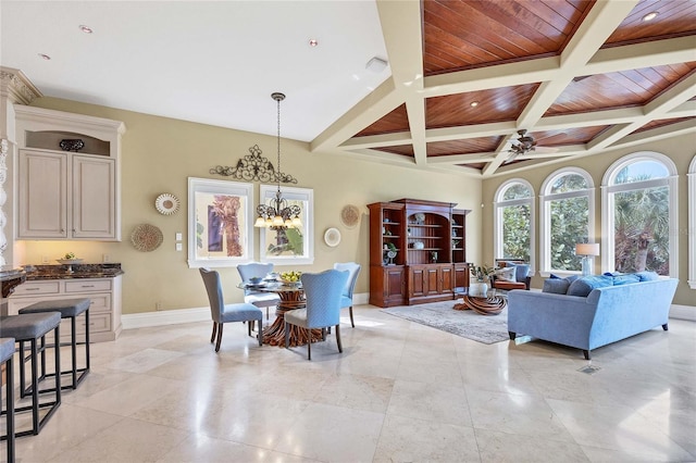 living room featuring beam ceiling, ceiling fan with notable chandelier, wooden ceiling, and coffered ceiling