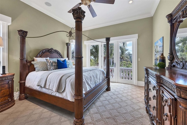 bedroom featuring ceiling fan, ornamental molding, light carpet, and access to outside