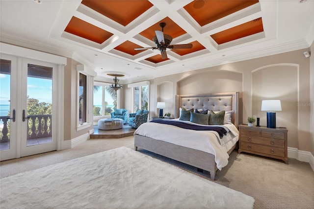 carpeted bedroom featuring access to outside, crown molding, ceiling fan, and coffered ceiling