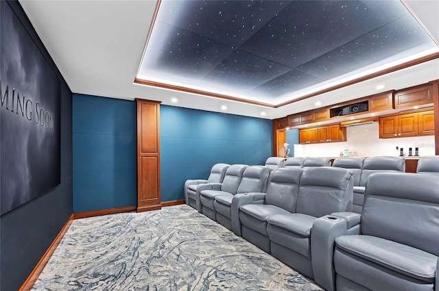 carpeted cinema featuring a tray ceiling