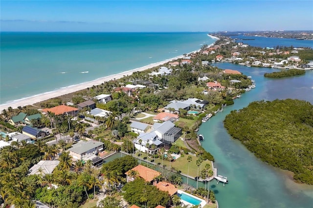 aerial view featuring a beach view and a water view