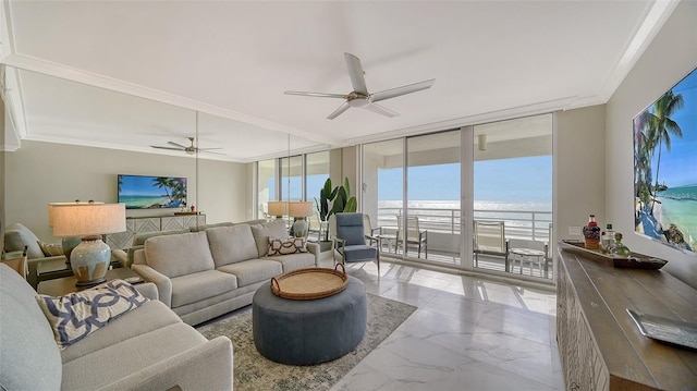 living room with ceiling fan, crown molding, and expansive windows