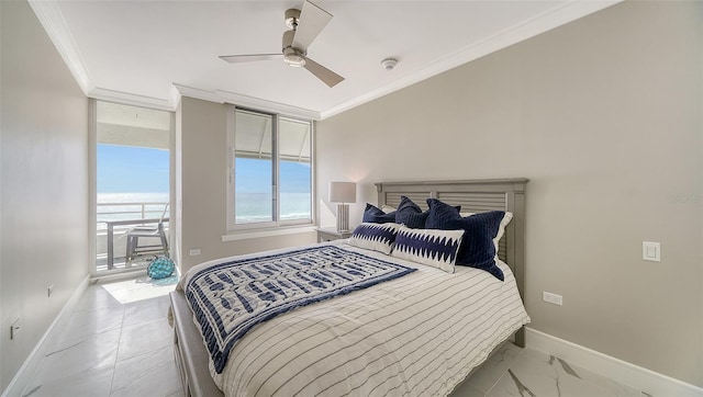 bedroom with access to outside, a water view, ceiling fan, and ornamental molding