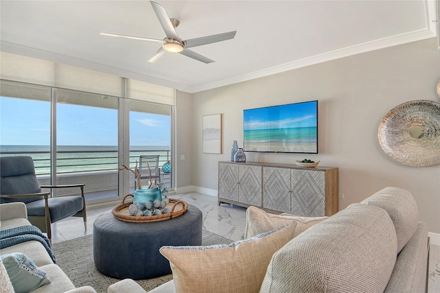 2105 Gulf Of Mexico Dr Unit 3303, Longboat Key, FL 34228 - living area with marble finish floors, ornamental molding, and a ceiling fan