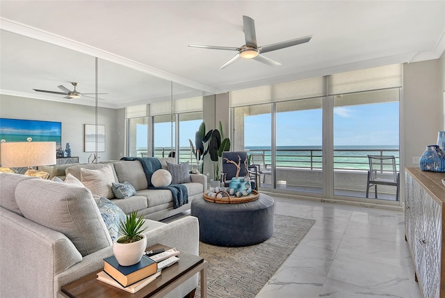 2105 Gulf Of Mexico Dr Unit 3303, Longboat Key, FL 34228 - living area with a ceiling fan, marble look tiles, ornamental molding, and a water view