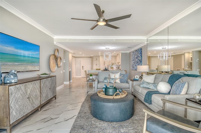 2105 Gulf Of Mexico Dr Unit 3303, Longboat Key, FL 34228 - living room featuring light marble finish flooring, ornamental molding, ceiling fan, and recessed lighting