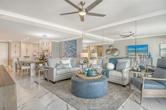 2105 Gulf Of Mexico Dr Unit 3303, Longboat Key, FL 34228 - living room featuring a ceiling fan, light marble finish floors, crown molding, and recessed lighting