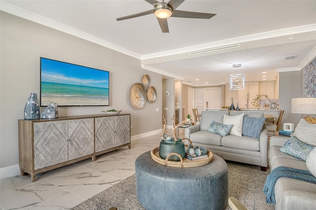 2105 Gulf Of Mexico Dr Unit 3303, Longboat Key, FL 34228 - living room featuring light marble finish floors, crown molding, ceiling fan, and recessed lighting