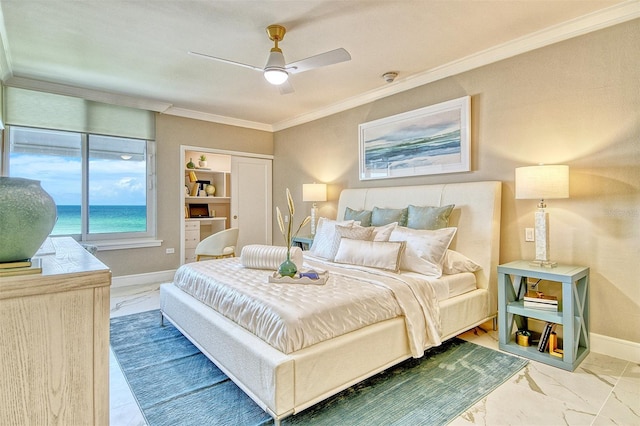 2105 Gulf Of Mexico Dr Unit 3303, Longboat Key, FL 34228 - bedroom with crown molding, marble finish flooring, and a ceiling fan