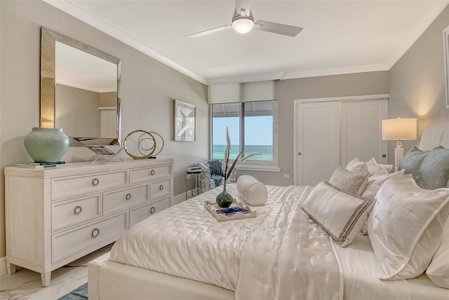 2105 Gulf Of Mexico Dr Unit 3303, Longboat Key, FL 34228 - bedroom with light marble finish floors, ornamental molding, ceiling fan, and access to exterior