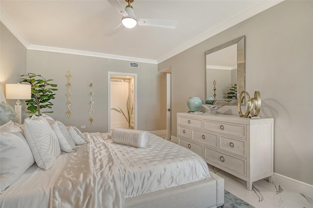 2105 Gulf Of Mexico Dr Unit 3303, Longboat Key, FL 34228 - bedroom featuring ornamental molding, light marble finish floors, ceiling fan, and connected bathroom