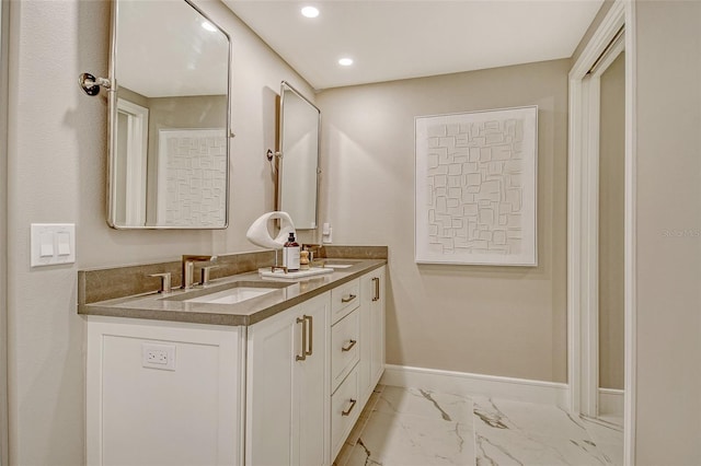 2105 Gulf Of Mexico Dr Unit 3303, Longboat Key, FL 34228 - full bathroom featuring marble look tile flooring, double vanity, and recessed lighting