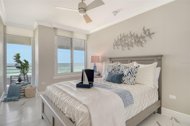 2105 Gulf Of Mexico Dr Unit 3303, Longboat Key, FL 34228 - bedroom featuring light marble finish floors, ornamental molding, a water view, access to exterior, and ceiling fan