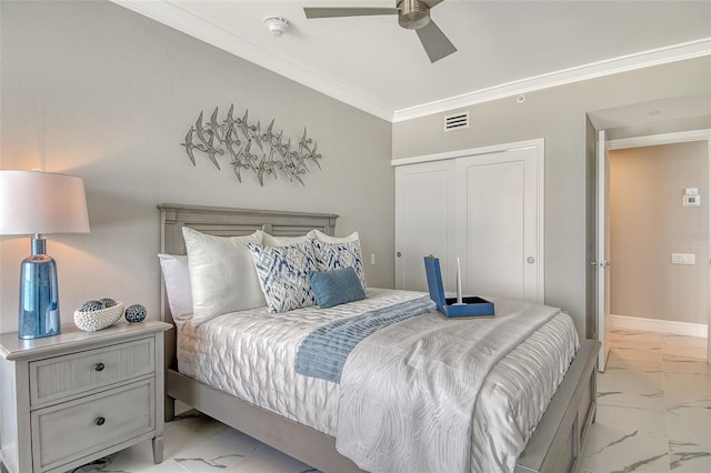 2105 Gulf Of Mexico Dr Unit 3303, Longboat Key, FL 34228 - bedroom featuring light marble finish floors, ornamental molding, a closet, and ceiling fan