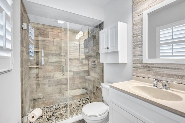 bathroom featuring vanity, toilet, and a shower with shower door