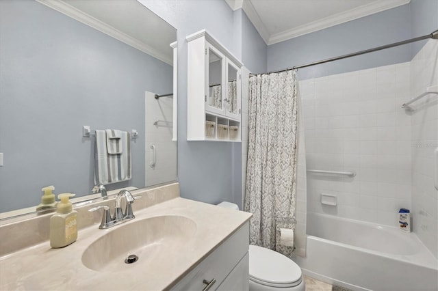 bathroom with shower / bathtub combination with curtain, crown molding, vanity, and toilet