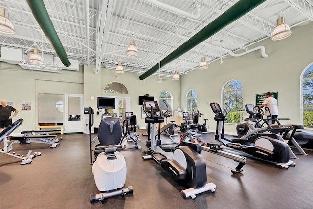 exercise room with a towering ceiling