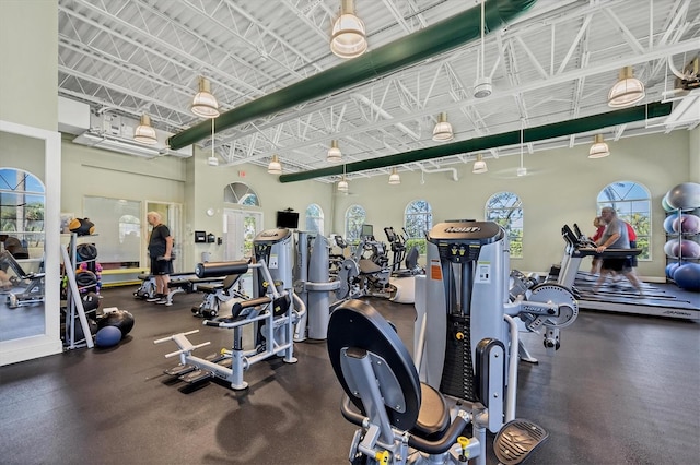 exercise room featuring a high ceiling