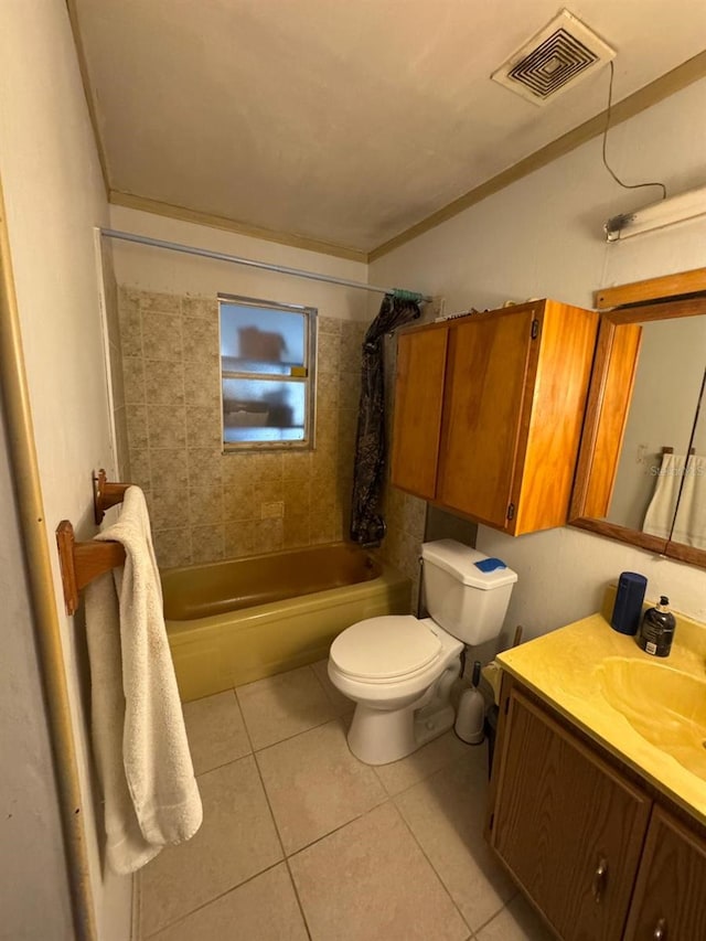 full bathroom with vanity, shower / bath combo with shower curtain, crown molding, tile patterned flooring, and toilet