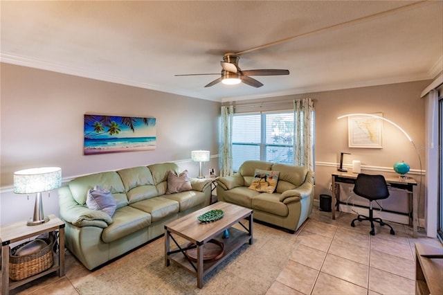 tiled living room with ceiling fan and ornamental molding