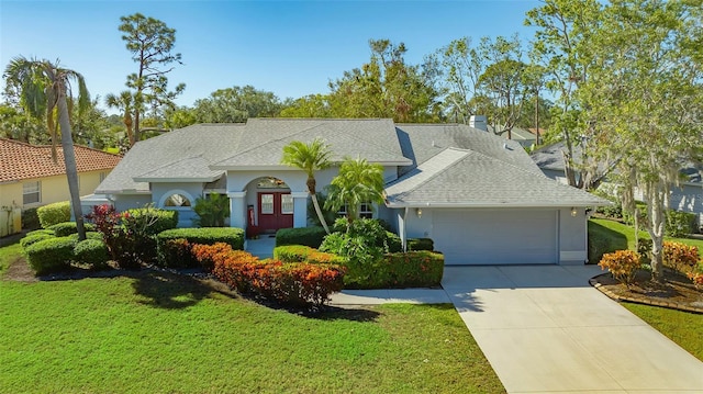 ranch-style house with a garage and a front yard