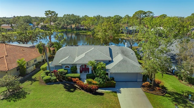 aerial view featuring a water view