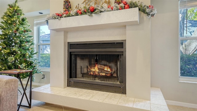 interior details featuring a fireplace