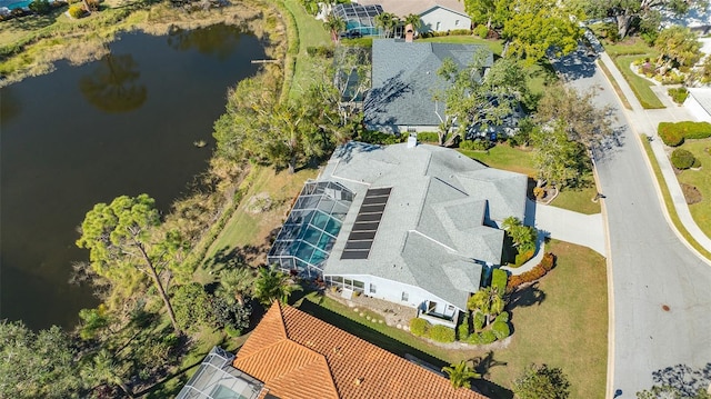 drone / aerial view featuring a water view