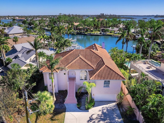 aerial view featuring a water view