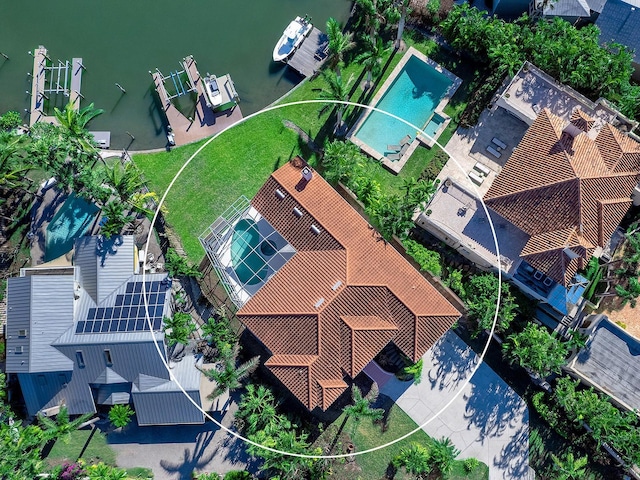 bird's eye view with a water view