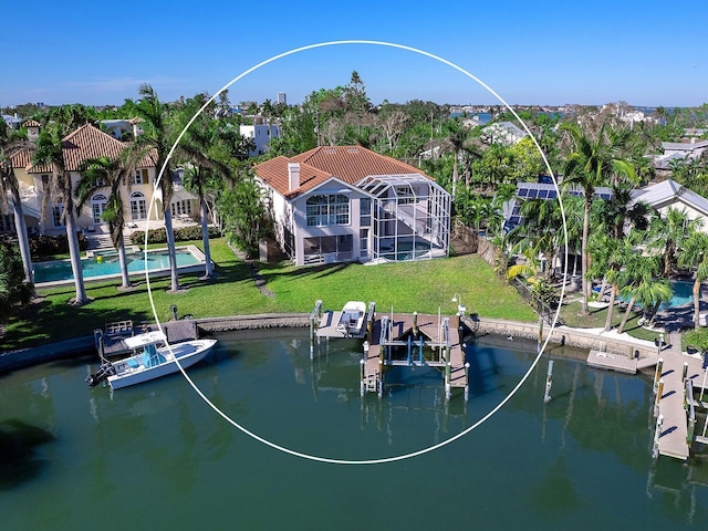 508 Siesta Dr, Sarasota, FL 34242 - dock area with boat lift, a water view, and a yard