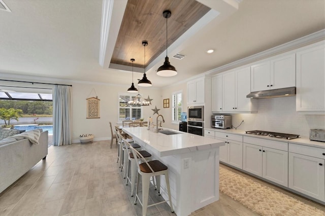 kitchen featuring sink, stainless steel appliances, an island with sink, pendant lighting, and white cabinets