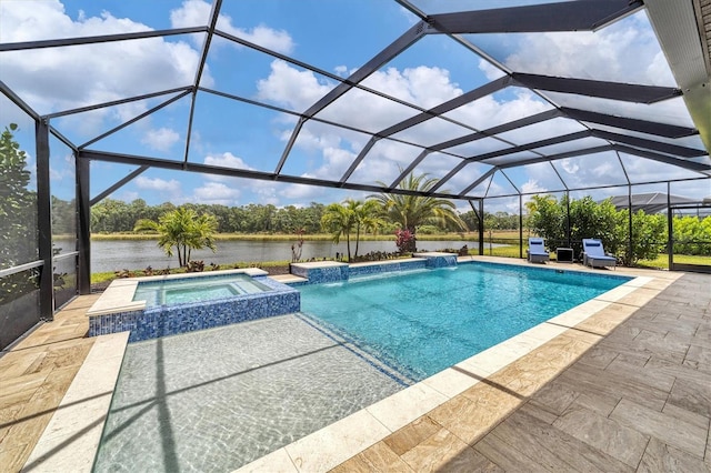 view of swimming pool with a lanai, an in ground hot tub, a water view, and pool water feature