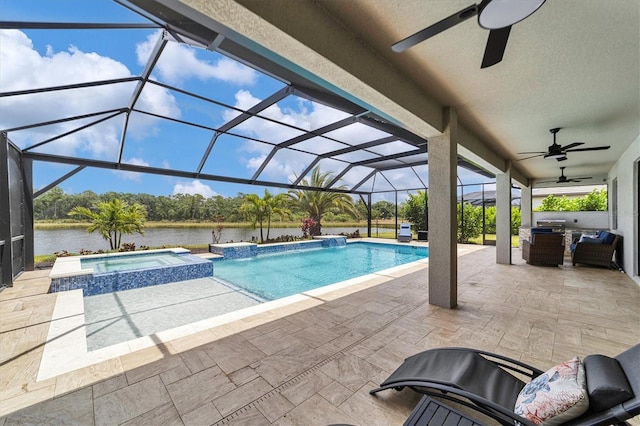 view of swimming pool featuring an in ground hot tub, a lanai, pool water feature, a water view, and a patio