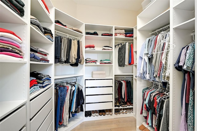 spacious closet with light hardwood / wood-style flooring