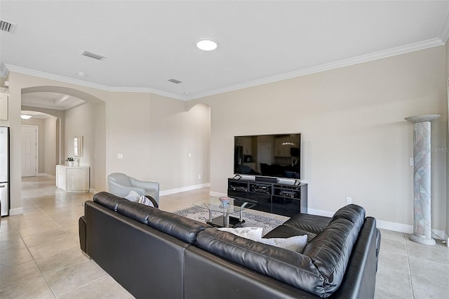 tiled living room featuring crown molding