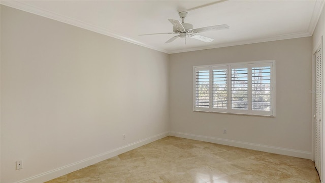 empty room with baseboards, ornamental molding, and ceiling fan